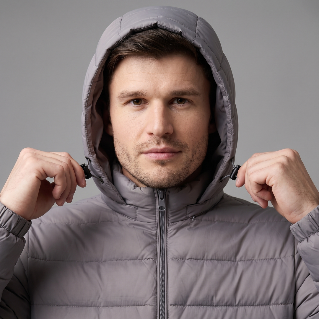 Man pulling the hood drawcords of the quilted puffer jacket