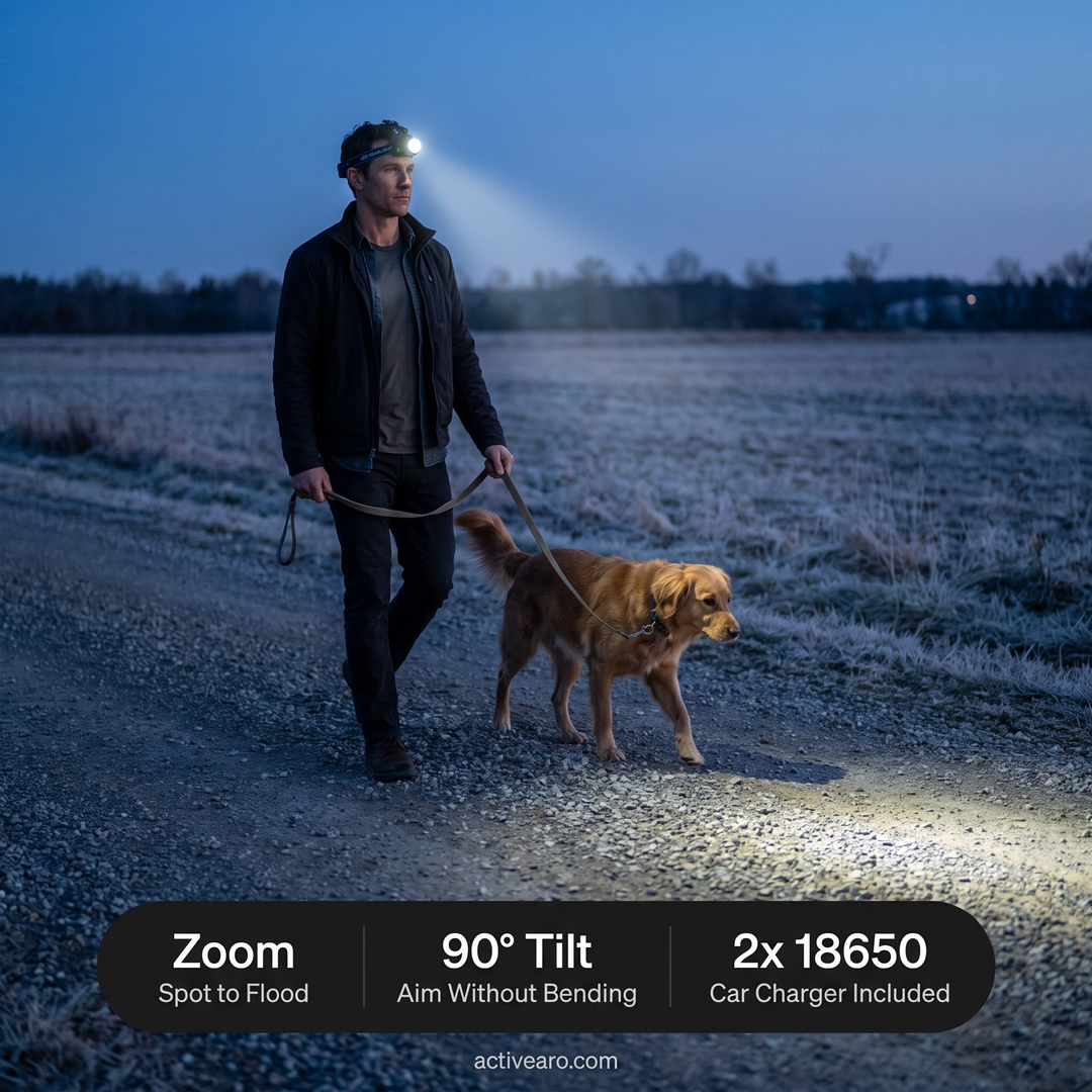 Man walking a dog before sunrise wearing the headlamp, with zoom, tilt and battery specs