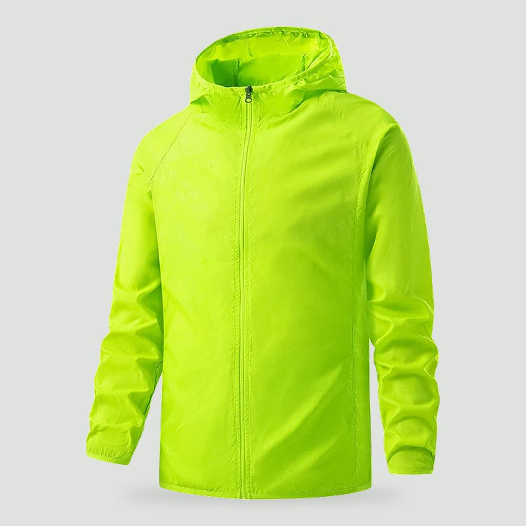 Lightweight rain jacket with hood in Neon Green, front view