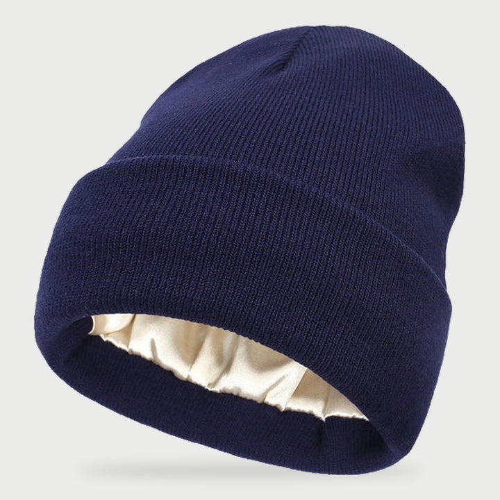 Satin lined beanie in Navy