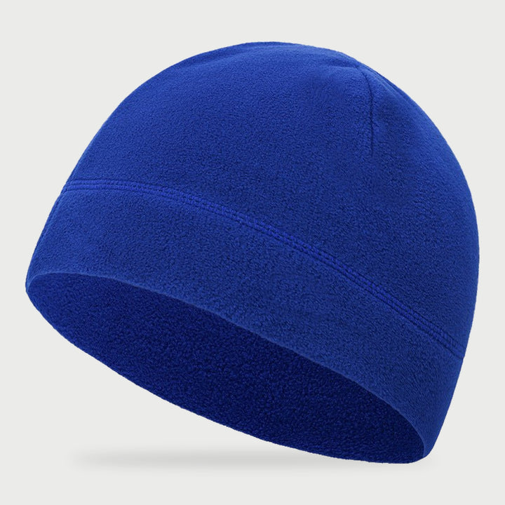 Blue fleece watch cap with a plain edge