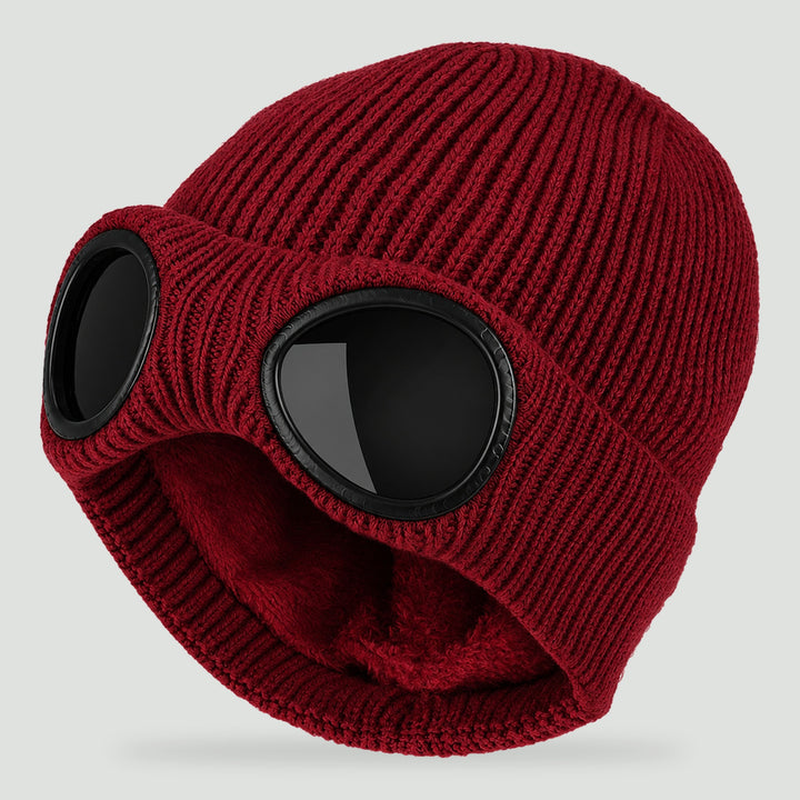 Goggle beanie in Wine Red with built-in lenses