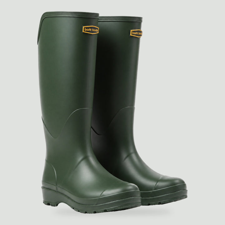 Women's knee high rain boots in Green, side view