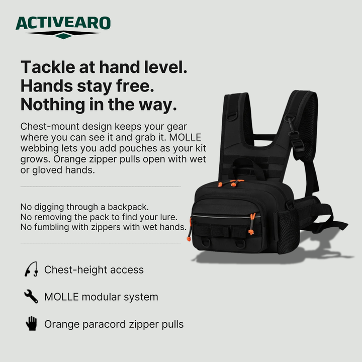 Men's Outdoor Chest Pack – Hands-Free MOLLE Fishing Rig with Zipper Storage