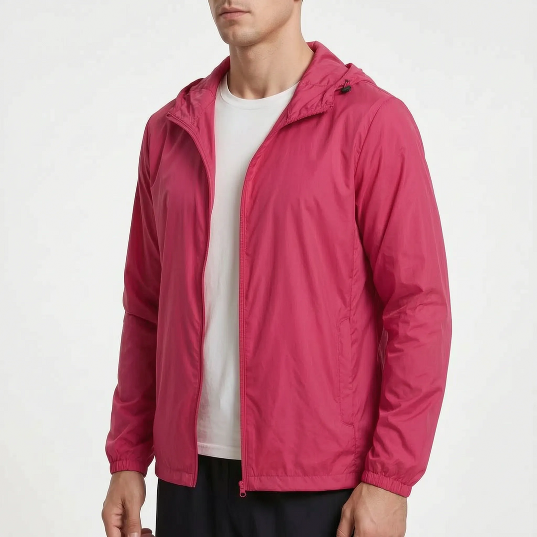Men's packable jacket in Pink, worn, front view