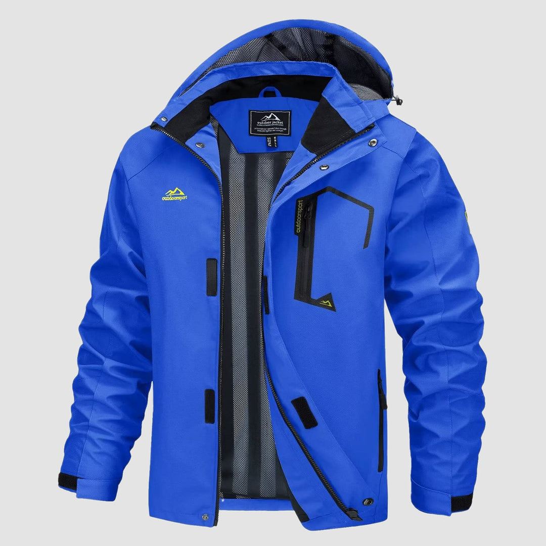 Men's rain coat in Bright Blue, front view