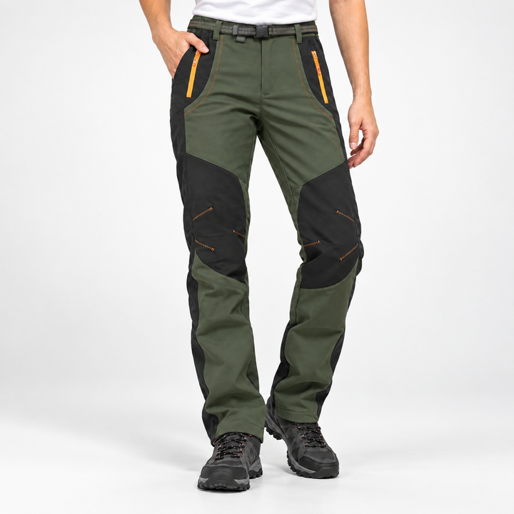 Women's fleece lined hiking pants in Green, front view