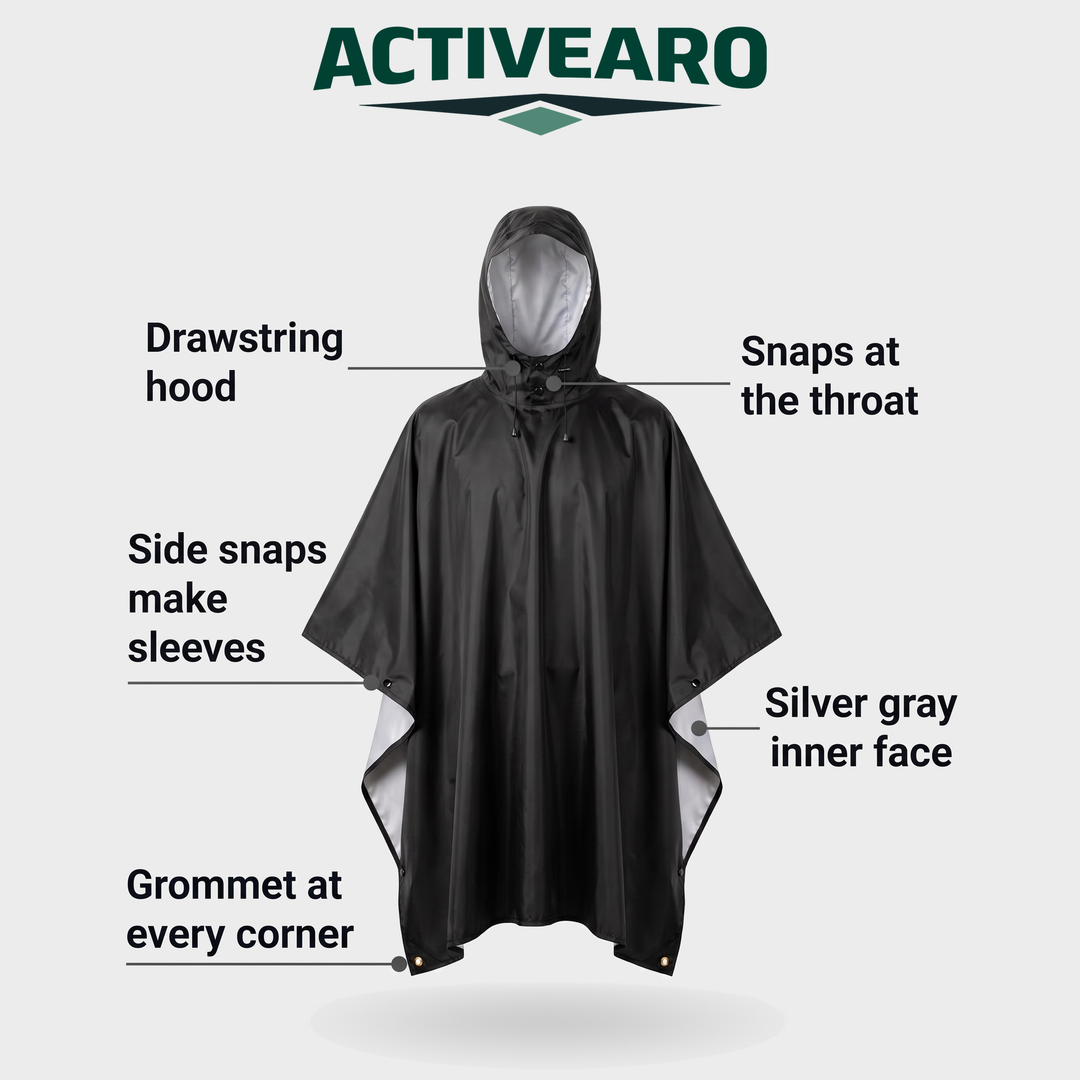 Labeled diagram: drawstring hood, throat snaps, side snaps, silver gray inner face, corner grommets