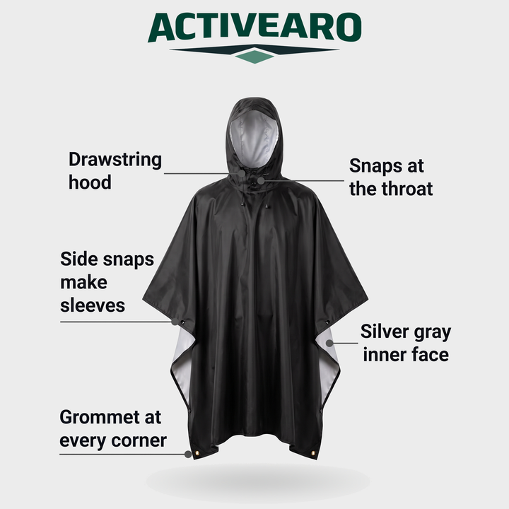 Labeled diagram: drawstring hood, throat snaps, side snaps, silver gray inner face, corner grommets