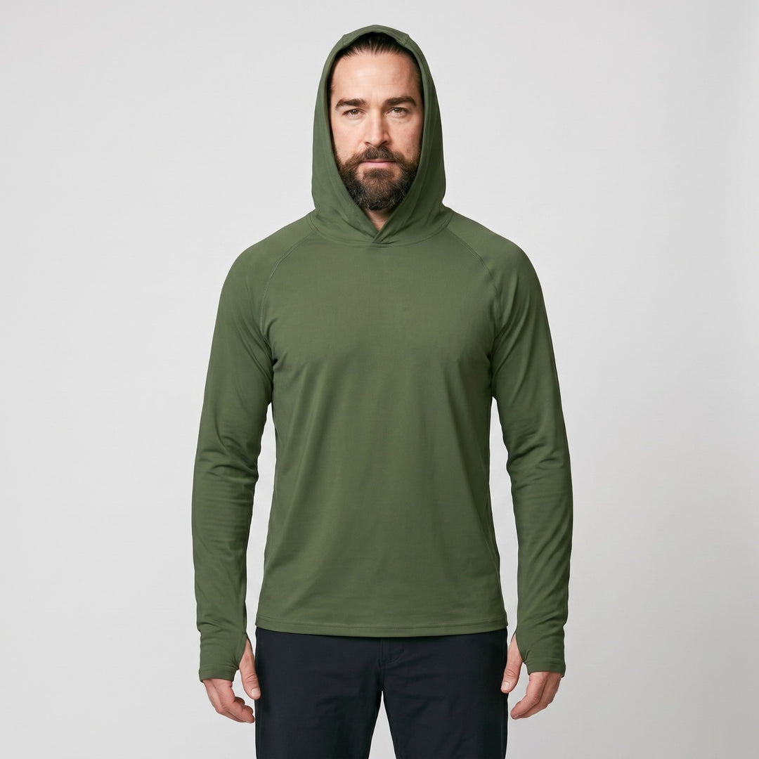 Men's UPF 50+ Sun Hoodie – Quick-Dry Polyester UV Top with Thumb Loops for Hiking and Fishing