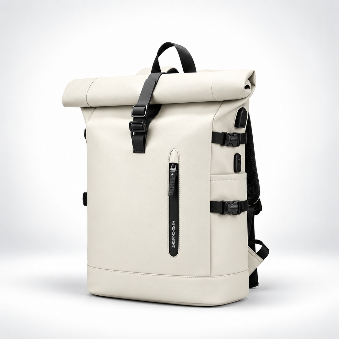 Roll top backpack in Cream, three quarter front view