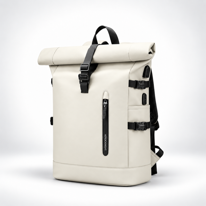 Roll top backpack in Cream, three quarter front view