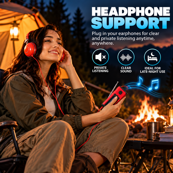 Listening to the weather radio with headphones at camp