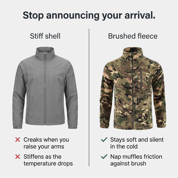 Comparison of brushed fleece against a stiff shell for quiet movement