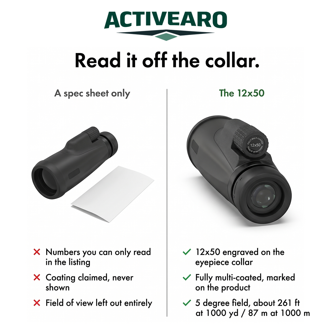 12x50 monocular eyepiece collar compared with a spec sheet