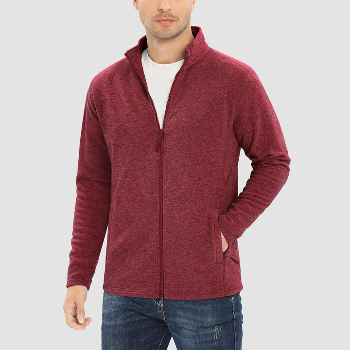Men's full zip fleece jacket in Wine, worn, front view