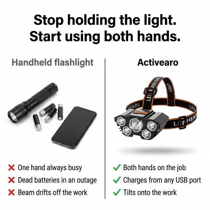 Handheld flashlight with loose batteries compared with the Activearo rechargeable headlamp