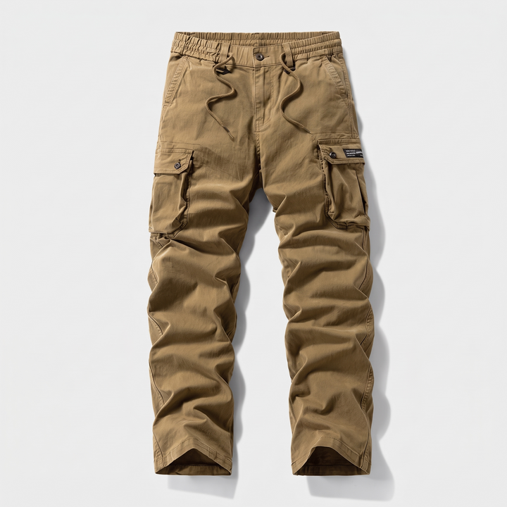Men's cotton cargo pants in camel, front view, elastic drawcord waist with button and zip fly