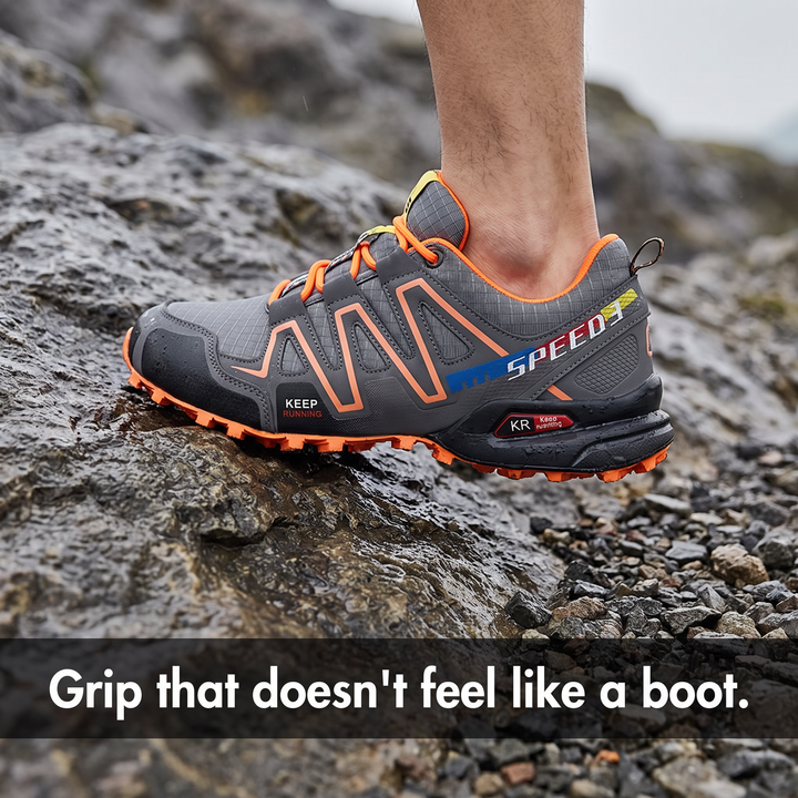 Lugged trail running shoe grip in action on outdoor terrain