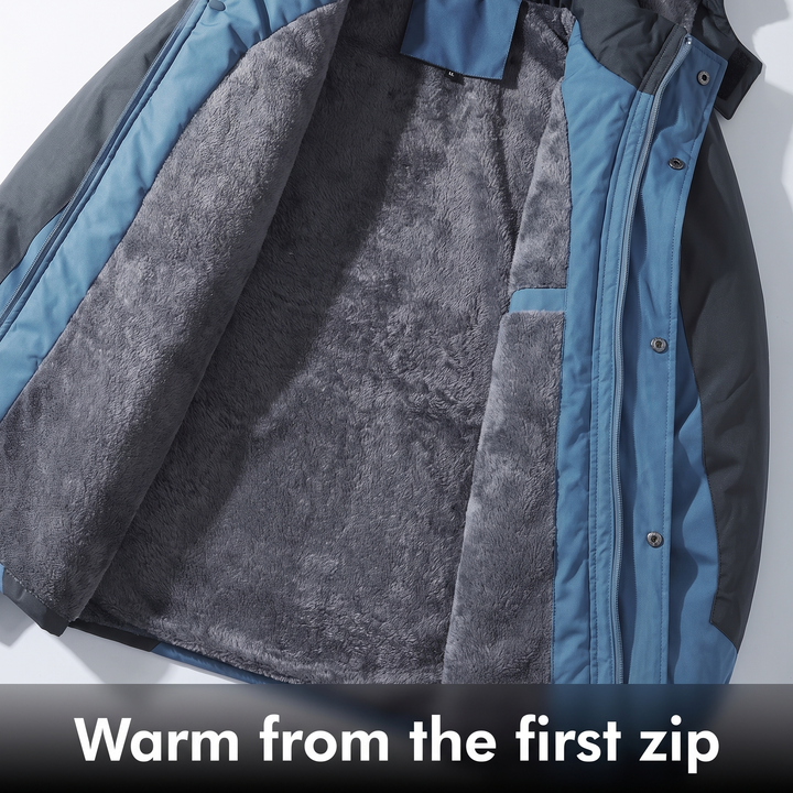 Plush fleece lining inside the men's winter jacket