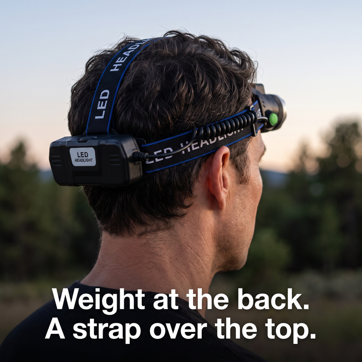 Headlamp worn from behind showing the rear battery box and the strap over the top