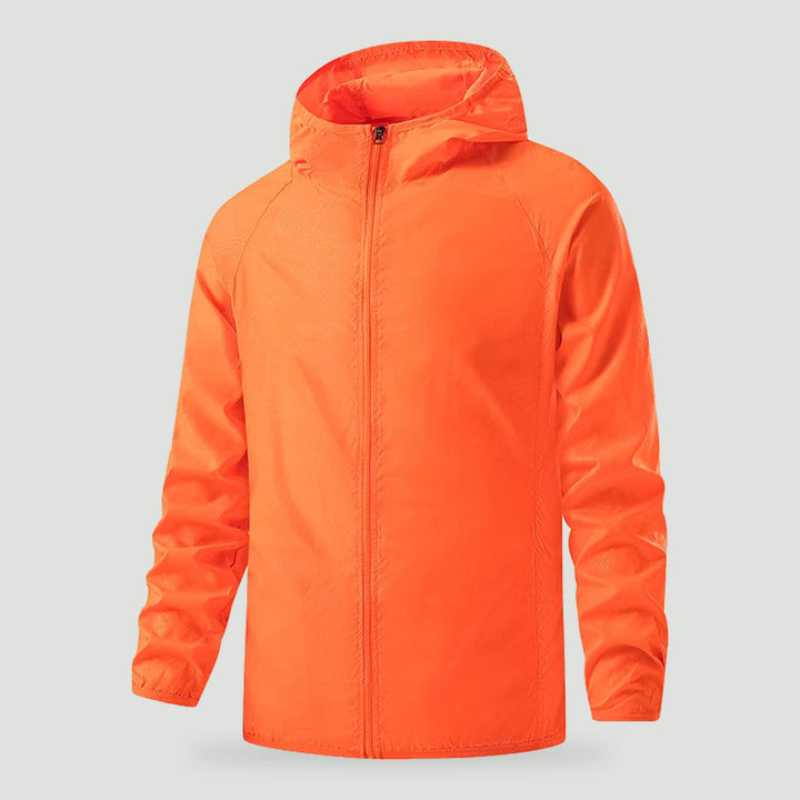 Lightweight rain jacket with hood in Orange, front view