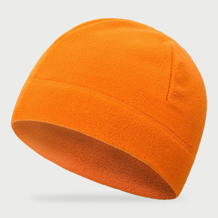 Orange fleece watch cap with a plain edge