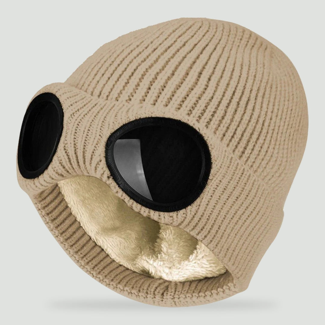 Goggle beanie in Beige with built-in lenses