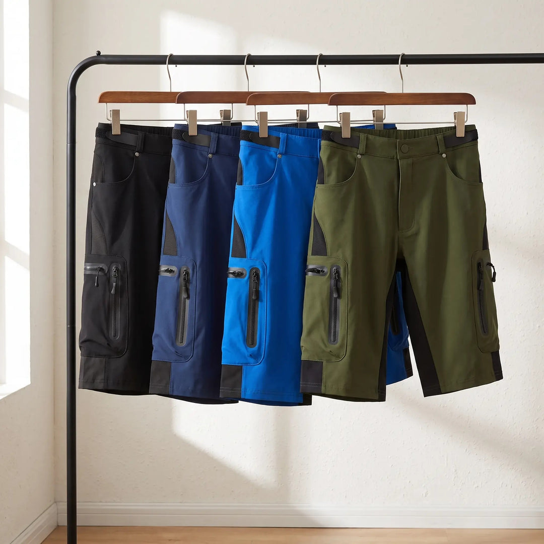 MTB shorts in Black, Dark Blue, Royal Blue and Green on a rail