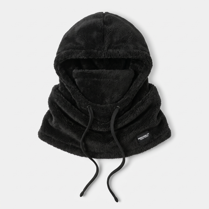 The fleece balaclava hood laid flat as it arrives