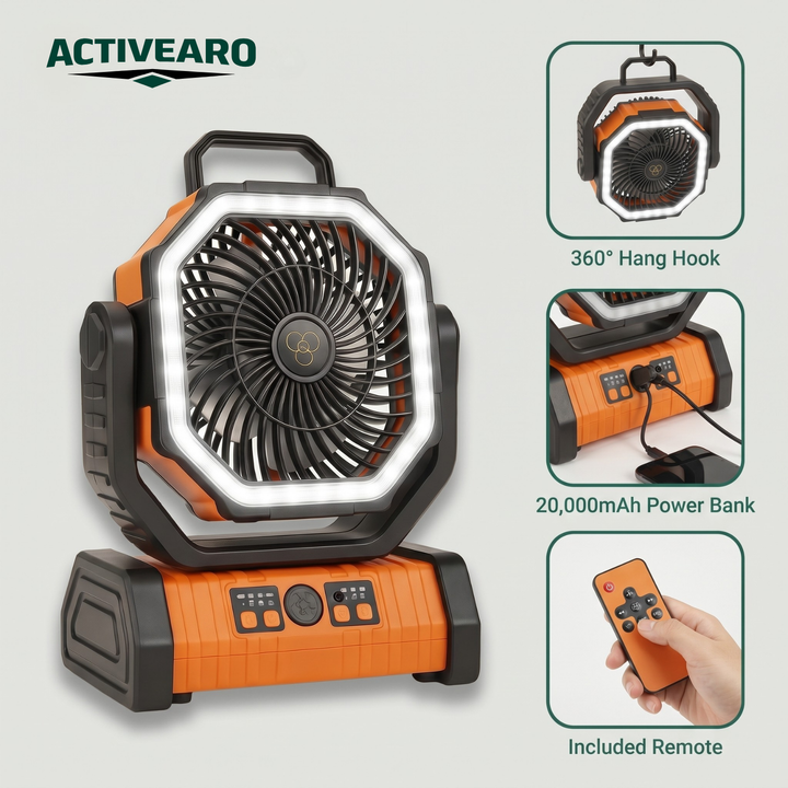 Camping Fan with Light & Power Bank – 3-in-1 Rechargeable Outdoor Fan