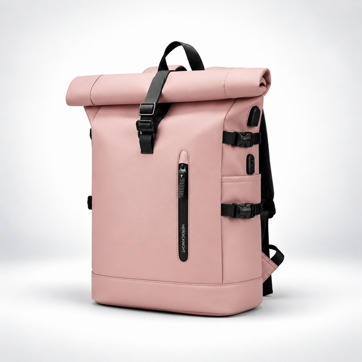 Roll top backpack in Pink, three quarter front view