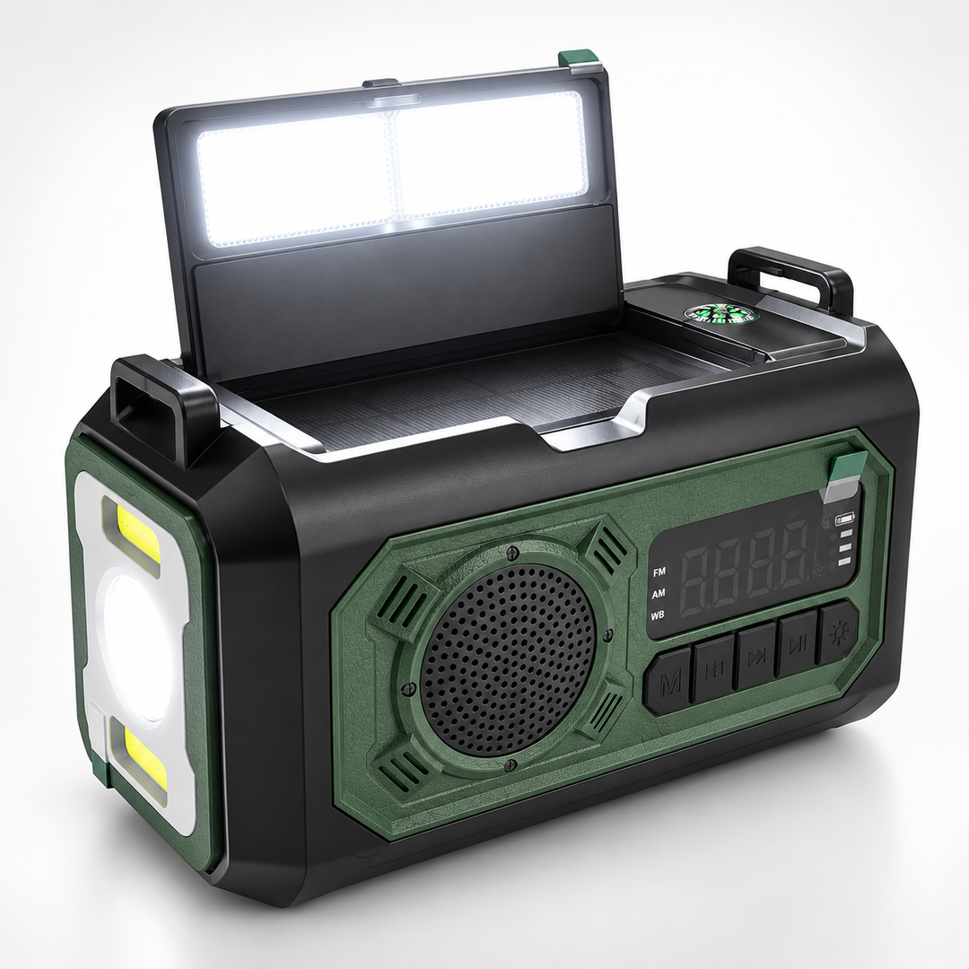 Weather radio with the fold-up reading lamp and side lights switched on