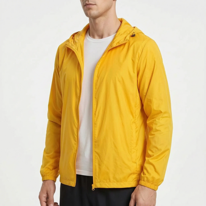 Men's packable jacket in Yellow, worn, front view