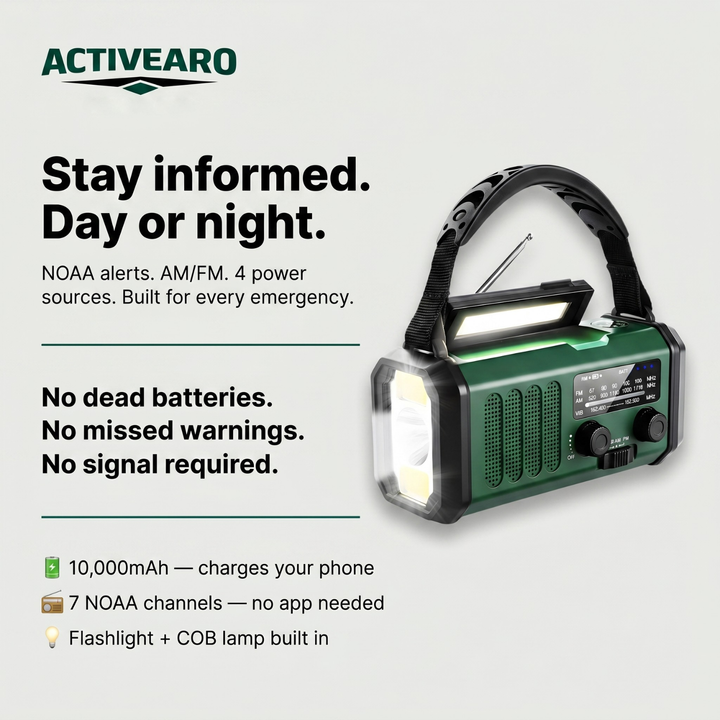 Emergency Weather Radio with Solar & Hand Crank – 10000 mAh Power Bank