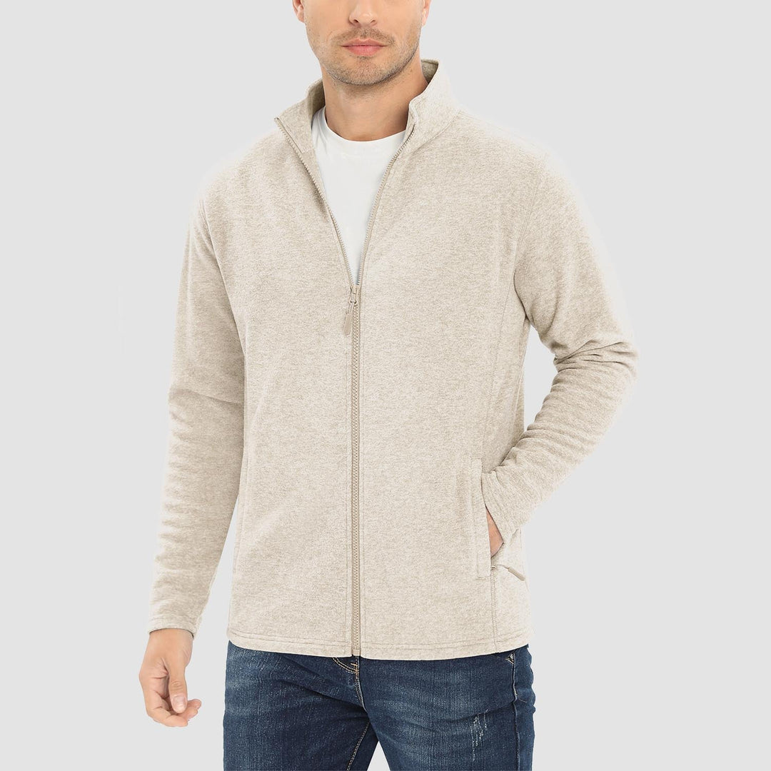 Men's full zip fleece jacket in Beige, worn, front view