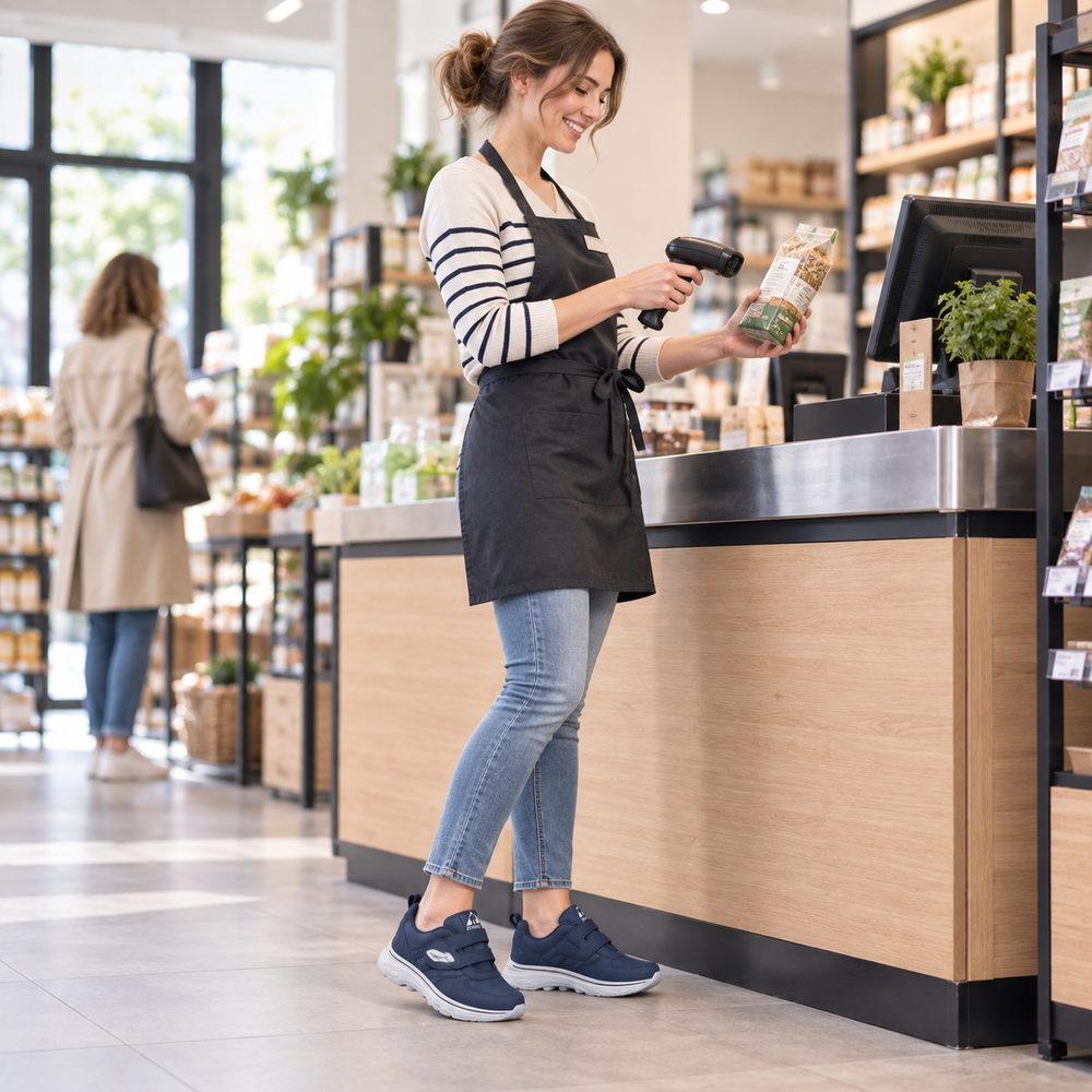 Woman at work wearing the wide fit velcro walking sneakers in Dark Blue