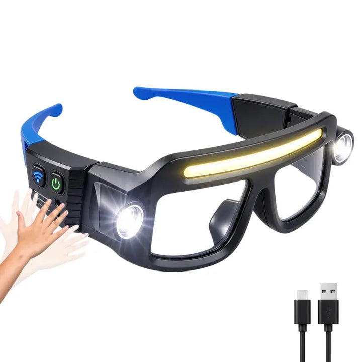 Motion sensor switches the LED glasses headlamp with a wave of the hand, USB-C cable