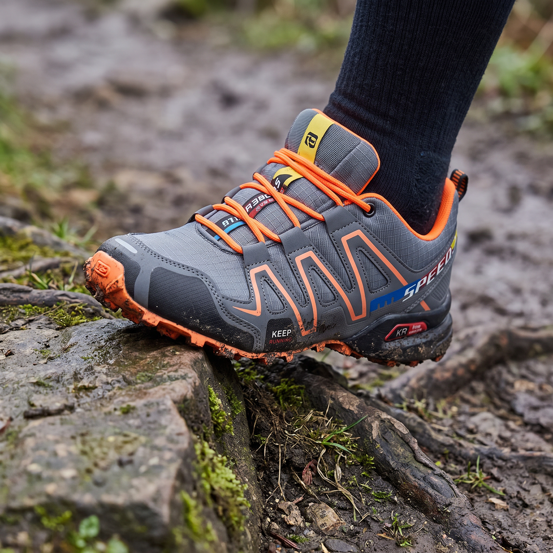 Reinforced toe cap protecting against root impact in trail running shoes