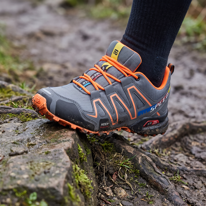Reinforced toe cap protecting against root impact in trail running shoes