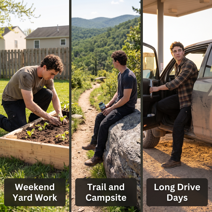 Cargo pants worn for weekend yard work, on a trail, and on a long drive