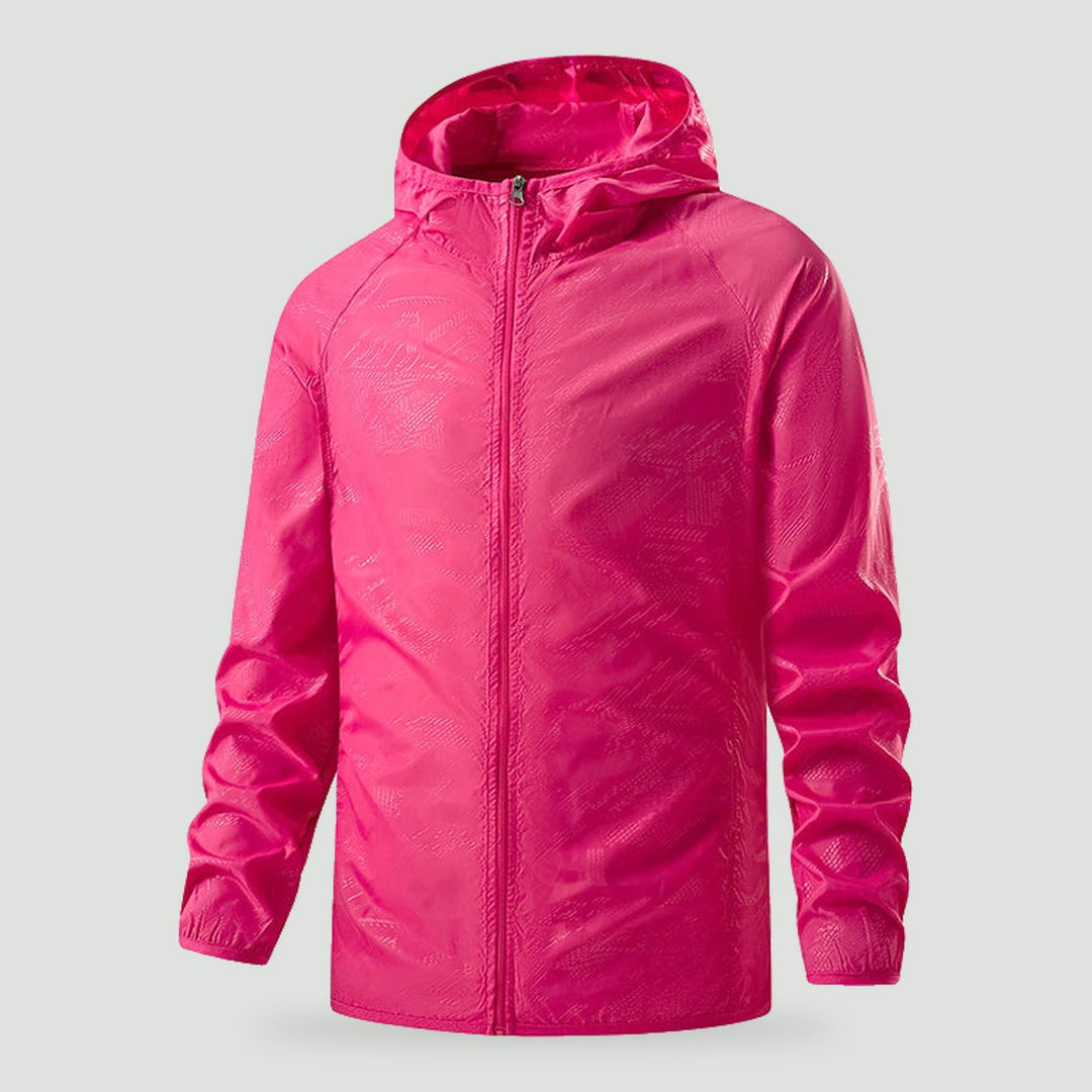 Lightweight rain jacket with hood in Pink, front view