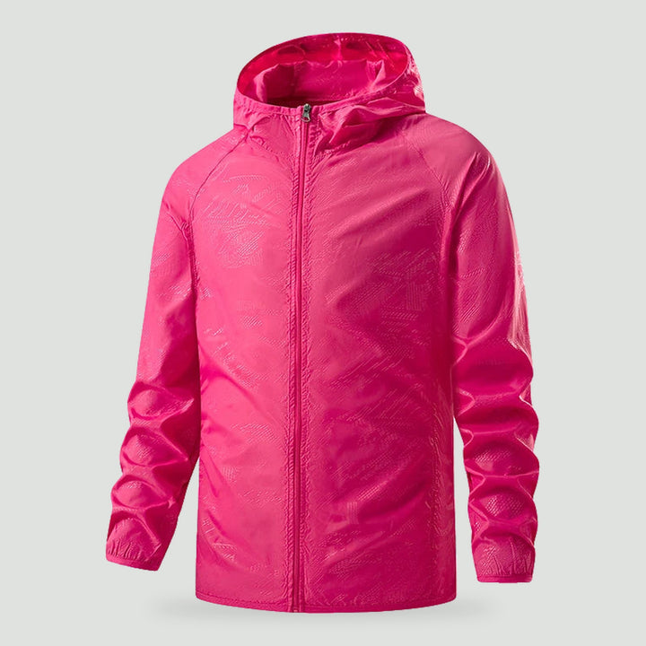 Lightweight rain jacket with hood in Pink, front view