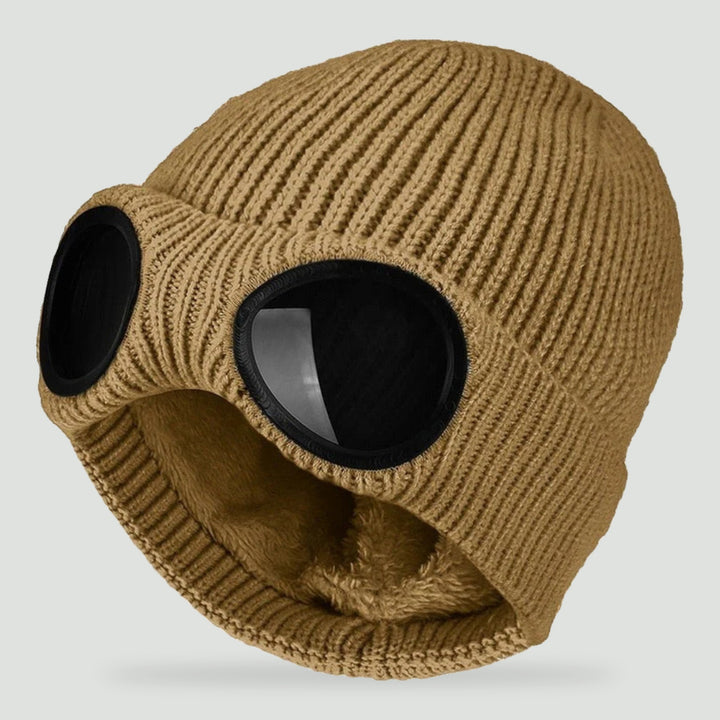Goggle beanie in Camel with built-in lenses