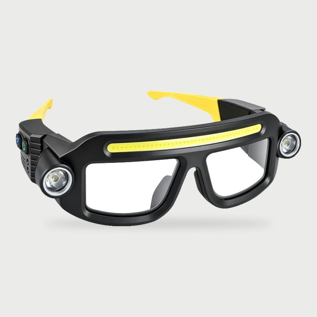 Rechargeable LED glasses headlamp with COB light bar and yellow temple arms