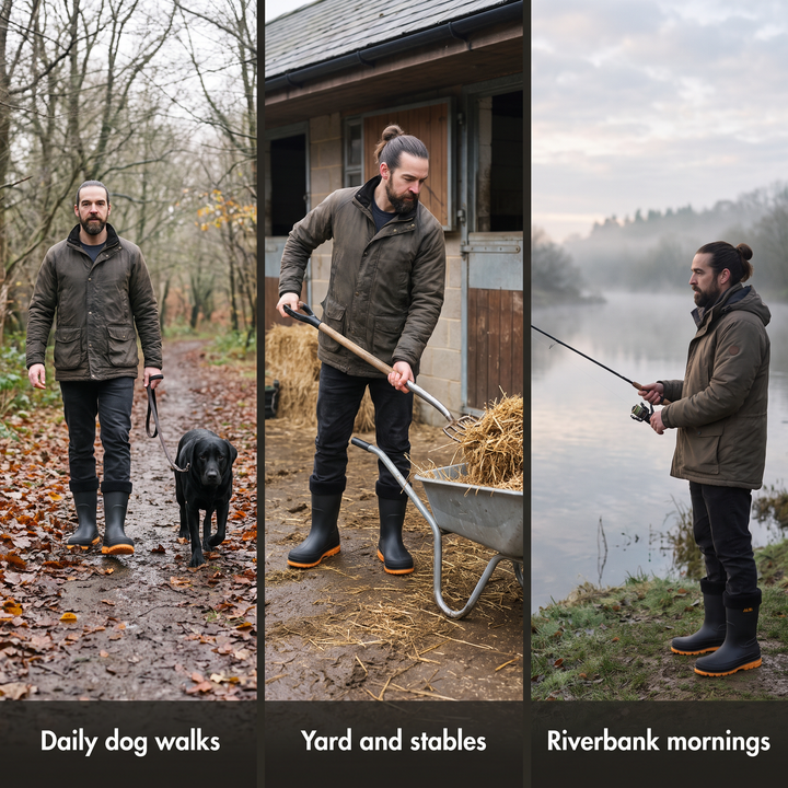 Fleece lined wellies on a woodland dog walk, in a stable yard and on a riverbank