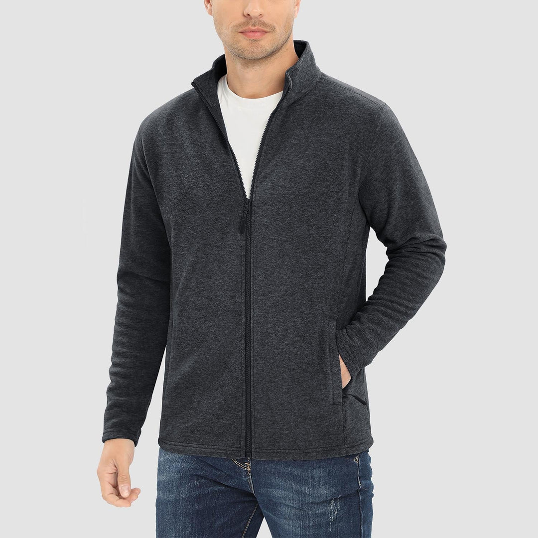 Men's full zip fleece jacket in Black, worn, front view