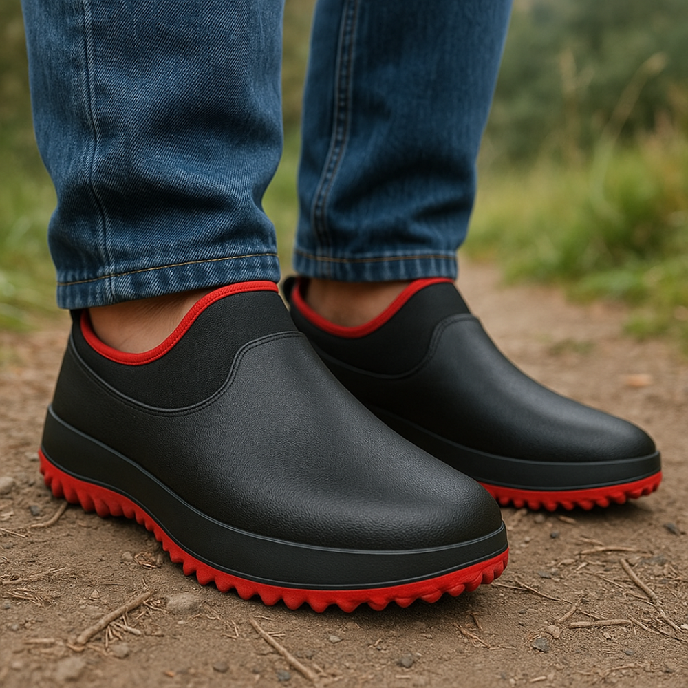 Man wearing the waterproof slip on work shoes in Black Red outdoors