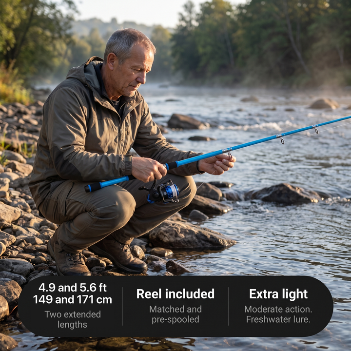 Angler threading line on a riverbank with key specifications