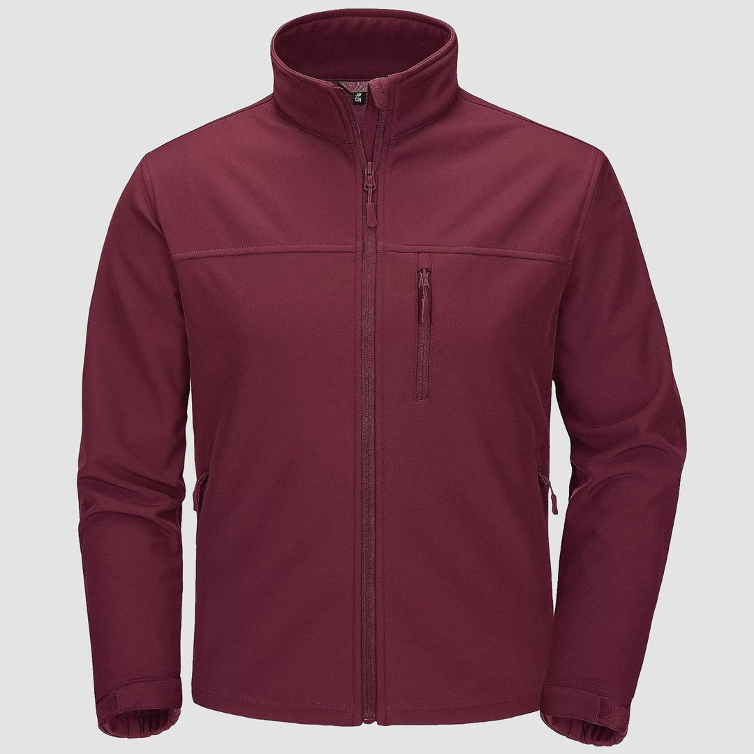 Men's fleece lined softshell jacket in Wine, front view